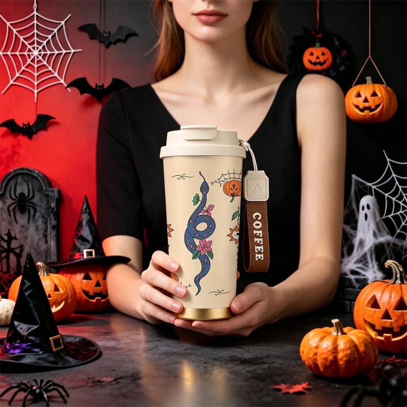 Halloween Coffee Cup 532ml Blue Snake Skull Flower MotifFlip Lid Coffee Cup Commuter Coffee Mug Outdoor Water Cup Coffee Cup 532ml