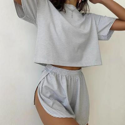 European & American Striped Loose Drop Shoulder Short Set - 2025 Casual Collection.