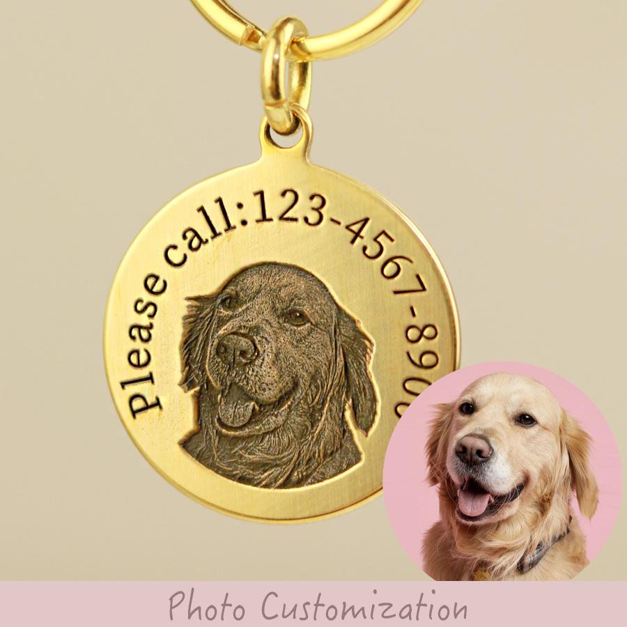 Massives Messing Tiefgravierte Haustier-ID-Marke für Hunde- oder Katzenhalsband mit Glocke - Anhänger gegen Verlust