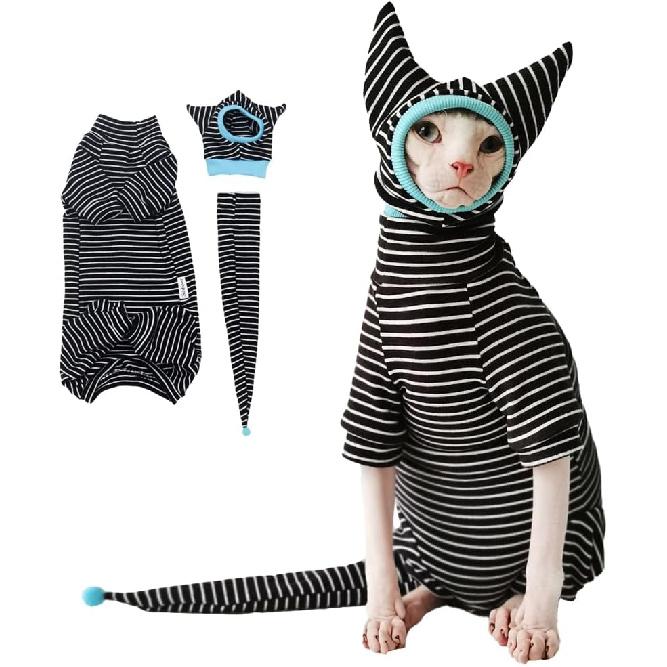 Sphynx Cat Clothes Black Stripe Breathable Shirts Suit, Pet Hat and Shirt Set (Medium)