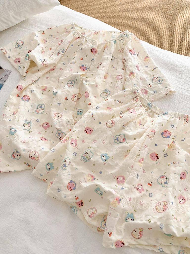 Summer Round Neck Short Sleeve Pajama Set for Women & Girls – Cute & Loose Fit
