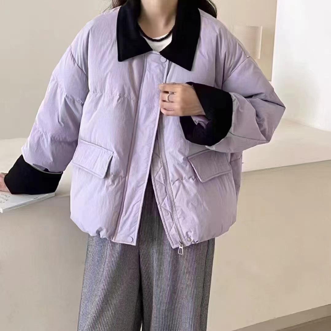 

Lapel splicing contrasting color design thickened cotton-padded clothes 2025 winter new fashion coffee color thin warm cotton clothes XL фіолетовий