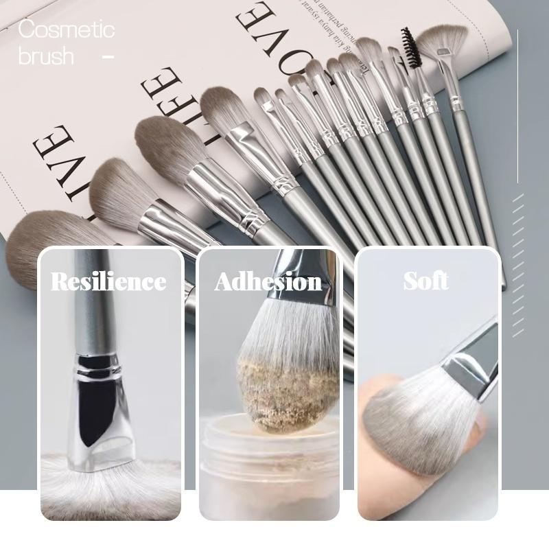 14-Piece Personal Makeup Brush Set Silver-Grey With Leather Pu Case Soft Smooth