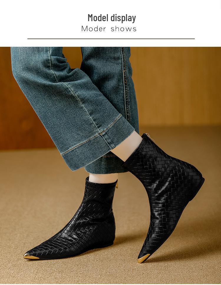 Women's Retro Pointed Toe Ankle Boots - Woven, Slimming Design & Inner Lift for 2025 Autumn/Winter Collection.