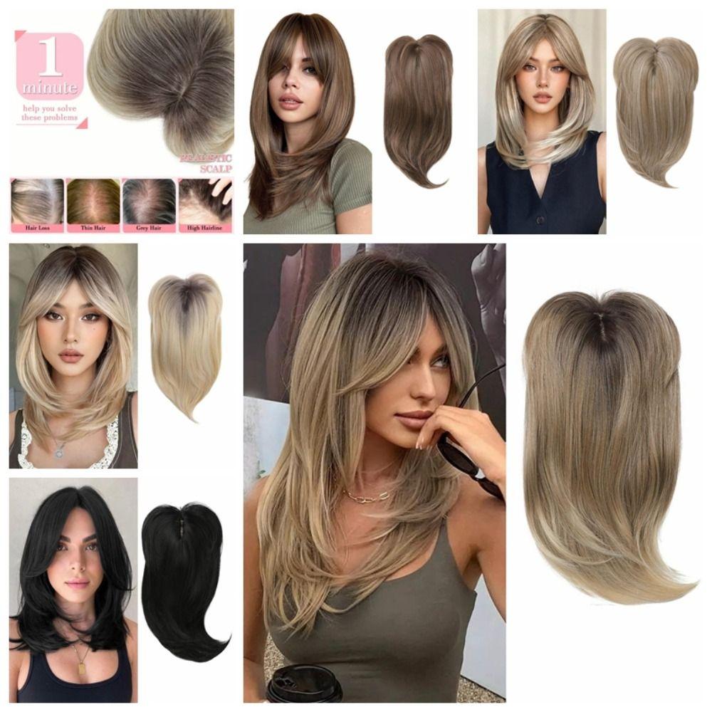 Straight Layered Hair Topper with Bangs Ombre Natural Topper Hairpieces for Women