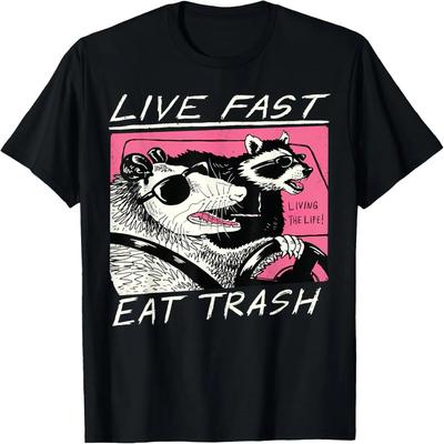Live Fast, Eat Trash Funny Retro Raccoon Opossum T-Shirt