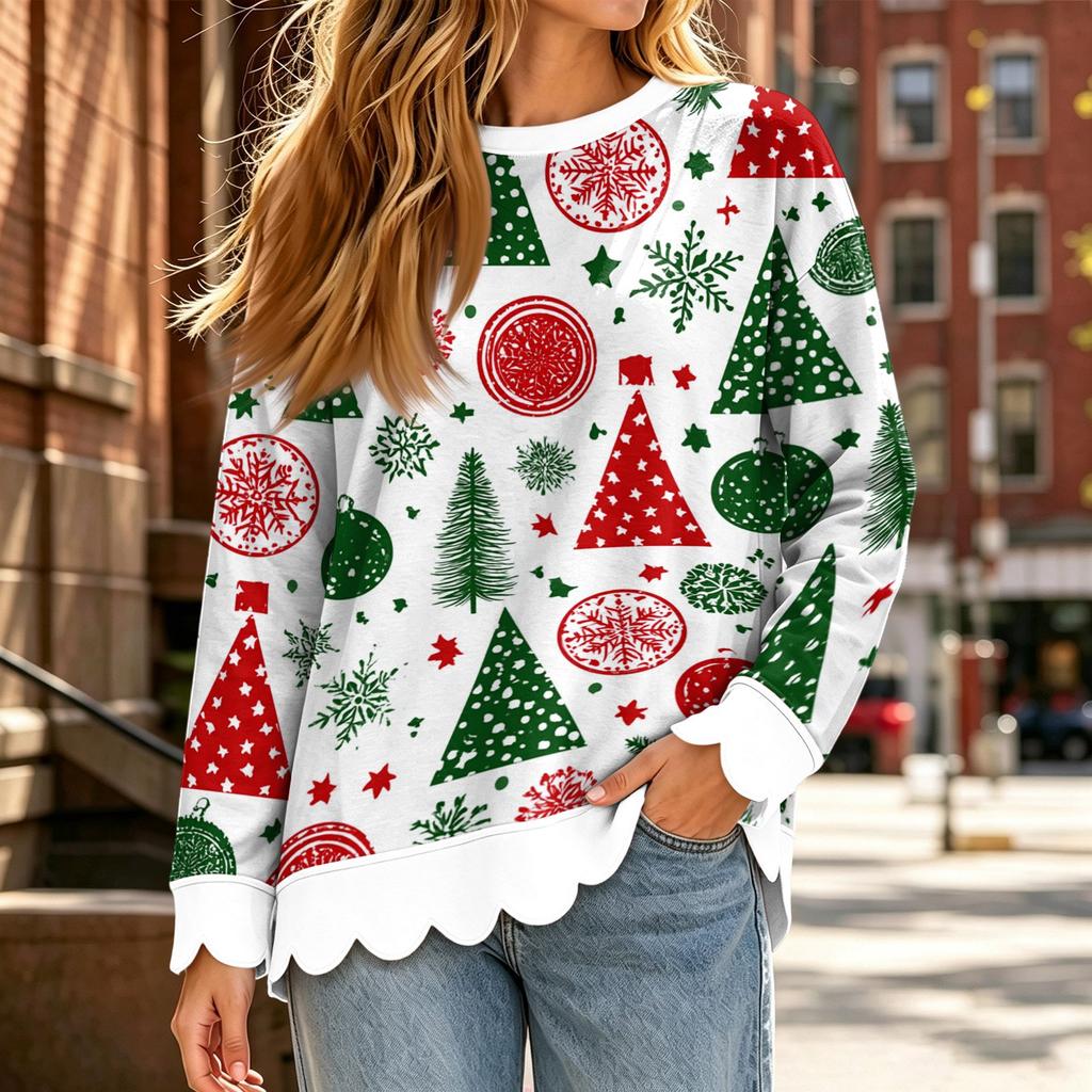 Women's Christmas Print Sweatshirt with Scalloped Wavy Hem and Neck for Holiday