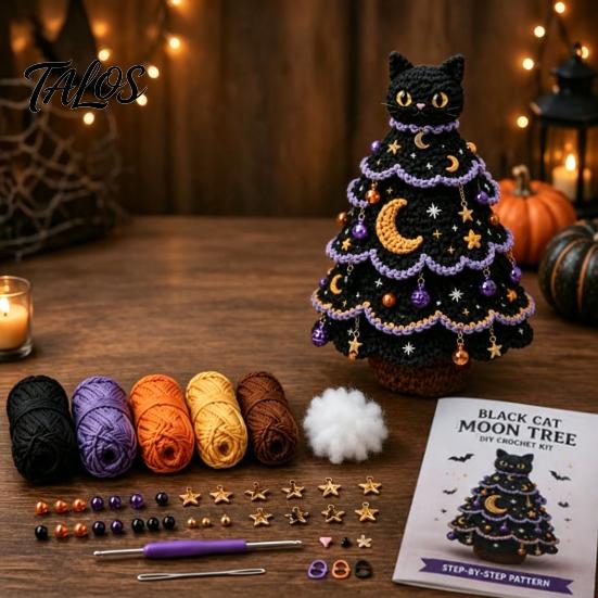 Handmade Yarn Projects Halloween Tree Crochet Kit, DIY Black Cat Pumpkin Witch Supplies with Tools Hat Ghost Crafting Kit for Holiday Home Decor, Gift