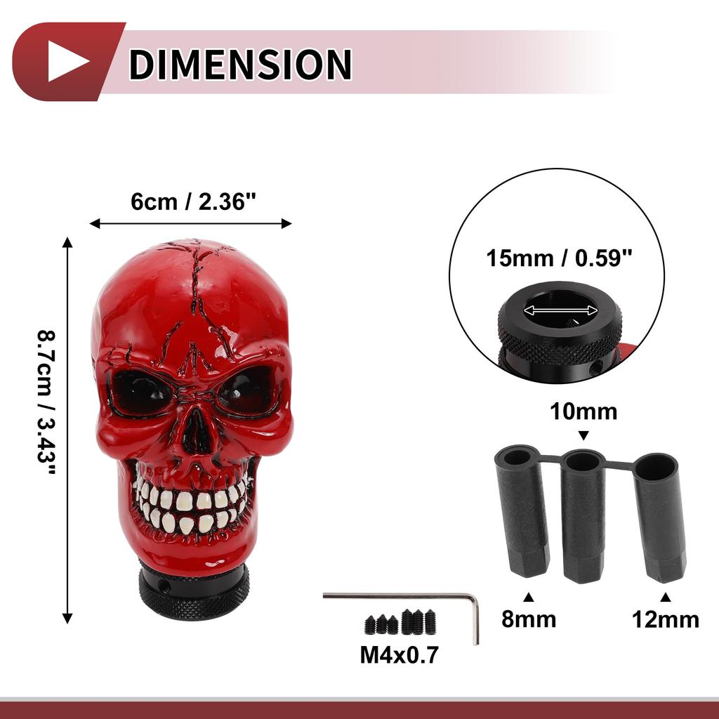 HEROFFIX 8.7cm Skull Shift Knob, Universal Gear Shift Knob, Resin Stick Shifter Lever Knob for Automatic and Manual Cars, with 3 Adapters, Red, 1 Set