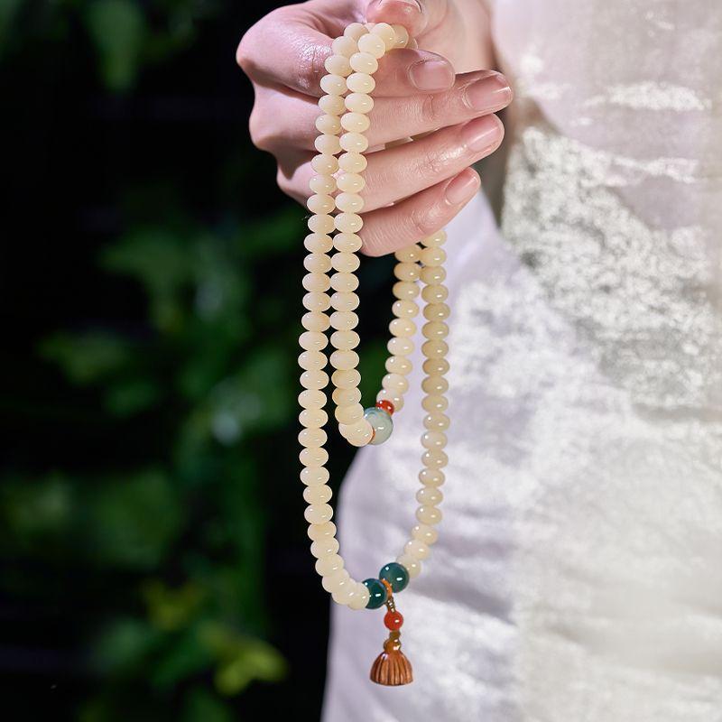 Brățară Mala din Semințe Bodhi Albe Naturale 108 - Mărgele de Rugăciune Budiste Zen Chinezești, Rozariu de Mână pentru Meditație Unisex, Bijuterii Spirituale Minimaliste