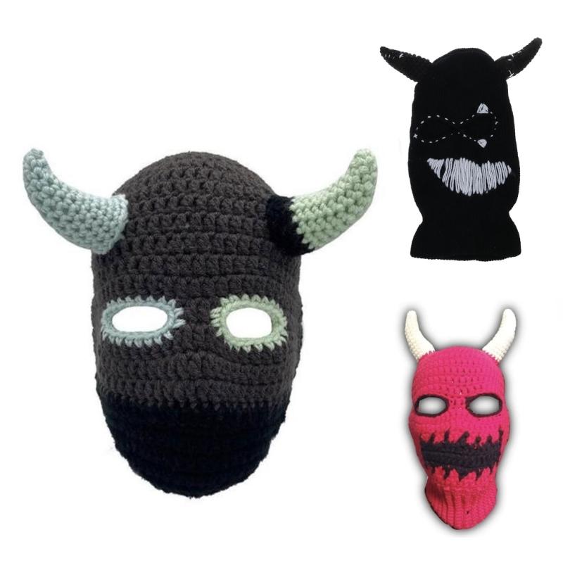 Knit Full Face Balaclava Hiking Scarves Devil Horn Balaclava Ski Halloween Hat