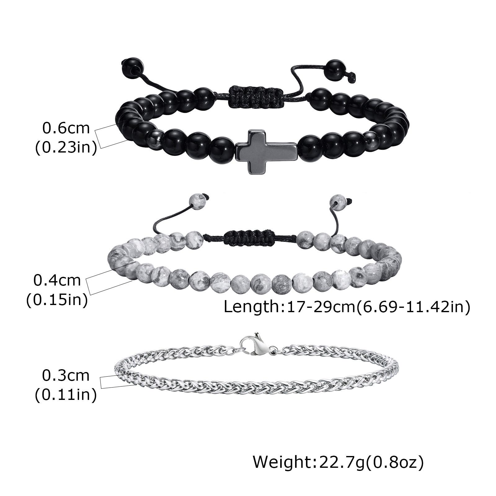 3pcs Men s Cross Beaded Bracelet,Punk Stainless Steel Chain Bracelet,Vintage Trendy Jewelry Gift for Him Boys 21cm