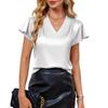 Summer New V-Neck Chiffon Pleated Loose Short-Sleeve T-Shirt for Women, Casual Solid Color Top