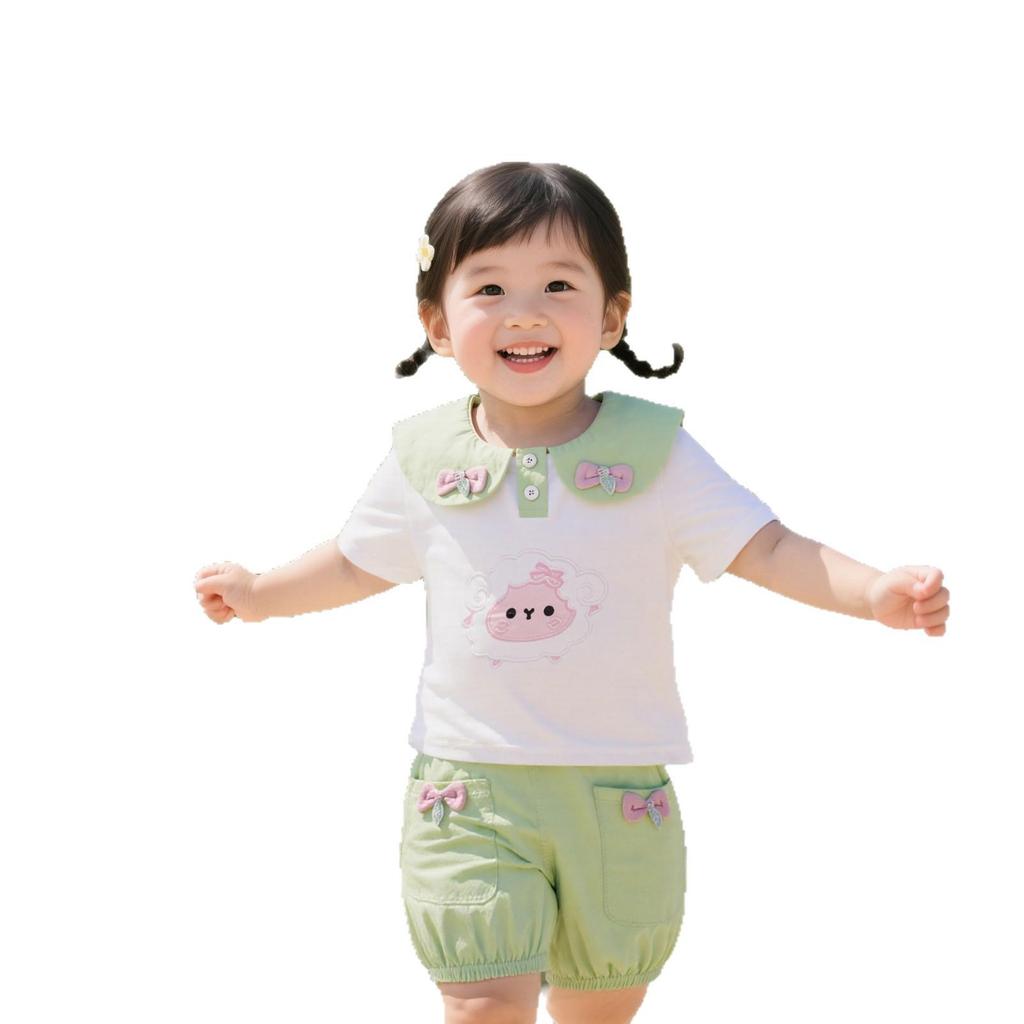 Korean Summer Baby Girl Doll Collar Short Sleeve Outfit Set