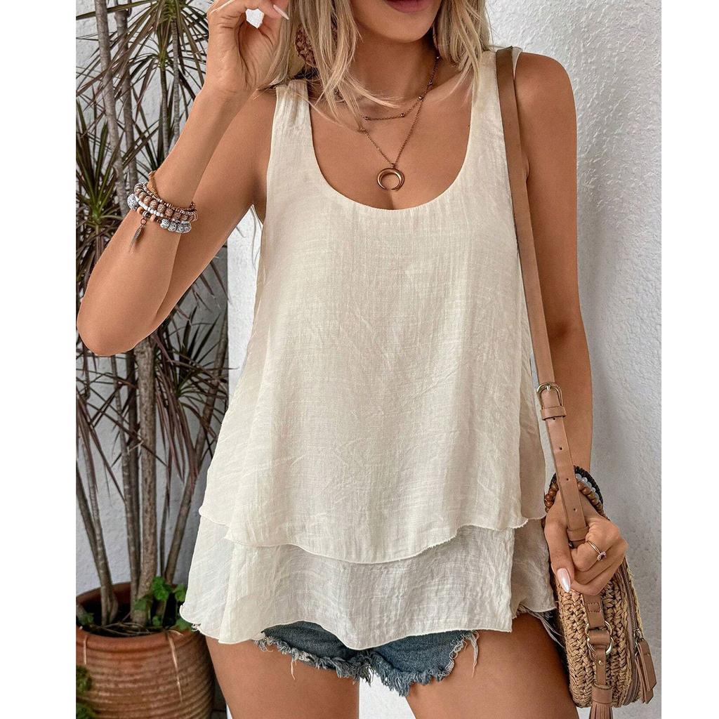 Women's Fashion Vest Sheath Camisole Sleeveless Double Layer Cake Swing Tail T-Shirt Top