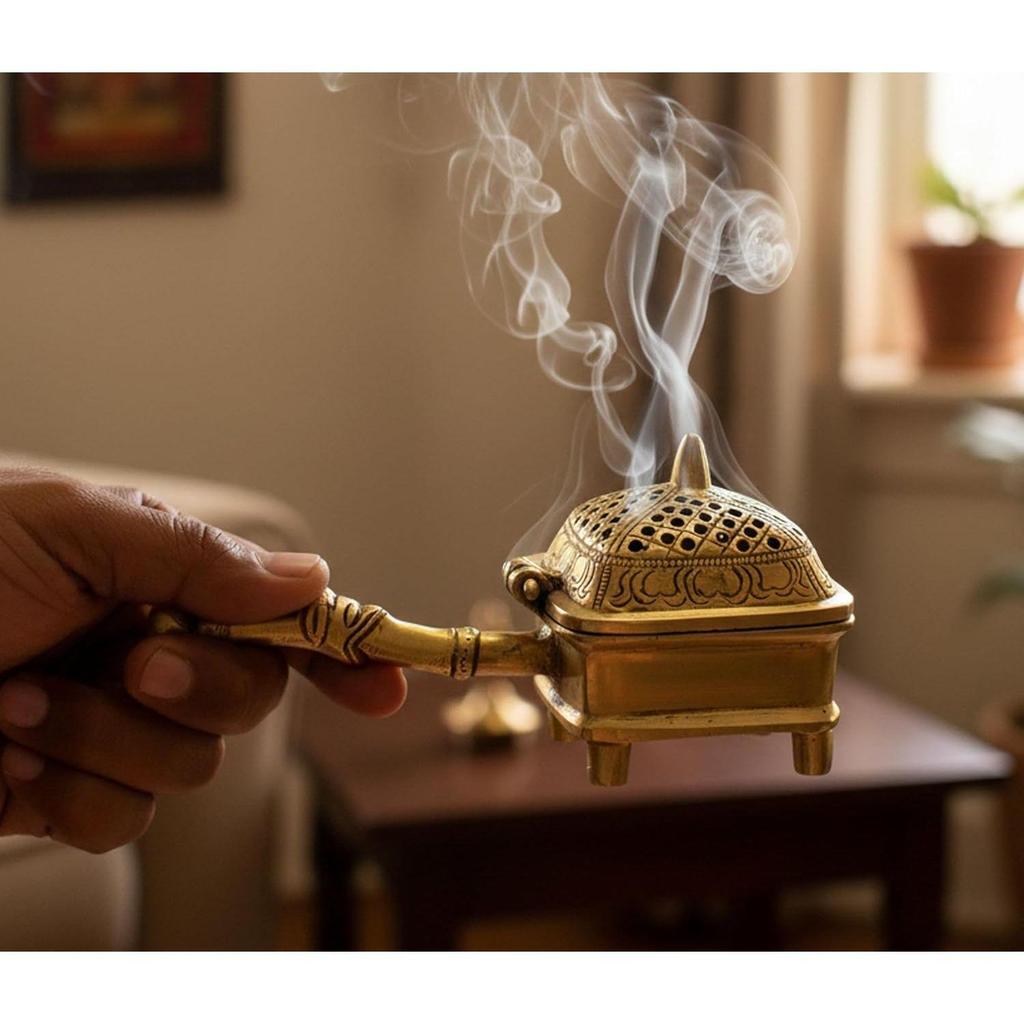 Brass Incense Burner Dhoop Dani Stand with Handle- 15 Cms(Square)