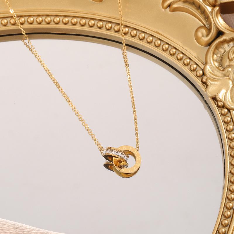 Trendy Japanese-Korean Roman Numeral Diamond Double Ring Necklace Women's Elegant Luxury Clavicle Chain Trio Set