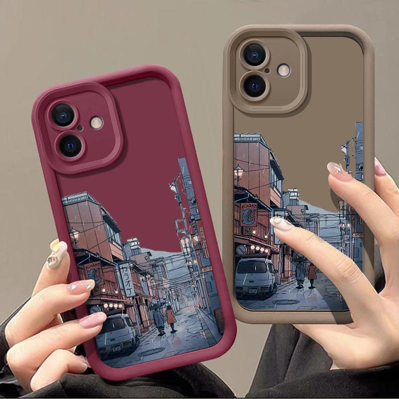 Rainy Night Streetscape Pattern Shockproof Case For iPhone 16 15 Plus 14 Pro Max 13 12 11 XS XR 8 Lens Protection TPU Soft Matte Silicone Phone Cover