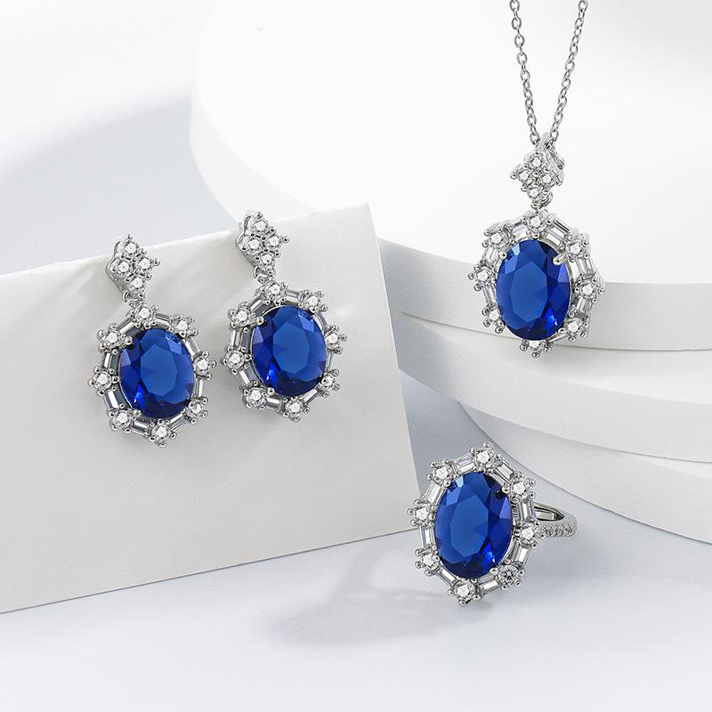 New Colorful Treasure Blue Gemstone Pigeon Egg Three-piece Luxury Set with Diamond Necklace Ring Earrings