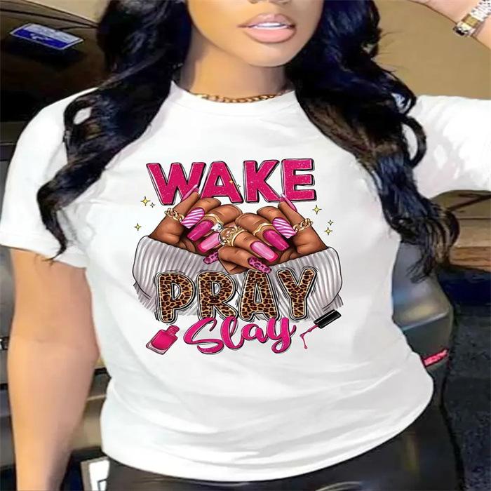 Summer Round Neck Nail Art Pattern Printed Top Fashionable Casual Pure Cotton Short Sleeved Women's T-shirt