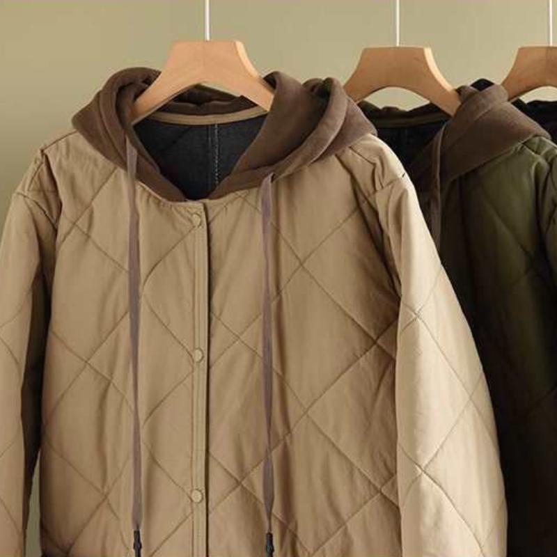 Toamnă Vintage Plus Size Palton rombic cu glugă Femei Iarnă Nouă Jachetă din bumbac Largi Casual Lungime mijlocie Jachete din bumbac căptușite în contrast de culoare