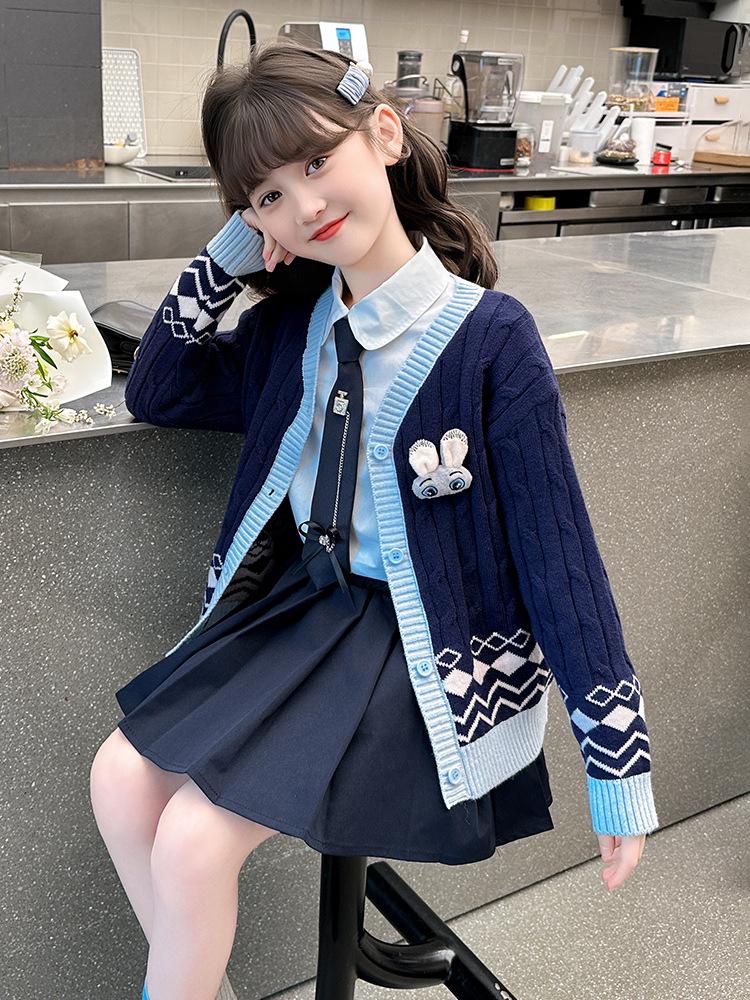 Girls' College Style Three-Piece JK Uniform Set: Pleated Skirt, Cardigan Sweater, and Bunny Officer Accent
