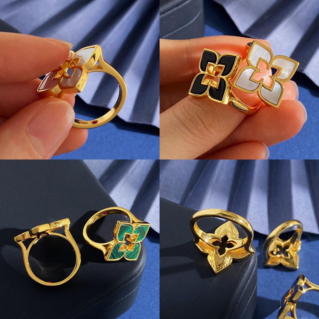 ] Multi-colored Four-leaf Clover Hollow Ring, Four-petal Flower Diamond Ring, Gold-plated Process, Advanced Texture