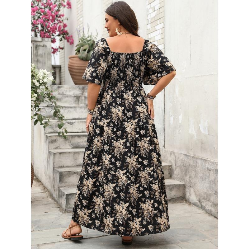 Maxi šaty plus size s vintage květinovým potiskem, čtvercovým výstřihem a krátkým rukávem