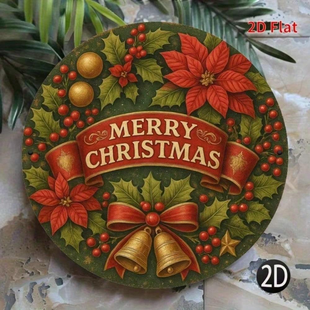 Vintage Christmas Iron Sign Wreath With Poinsettia Bells Ribbon Metal Wall Art Holiday Home Decor For Front Door Mantel Gift