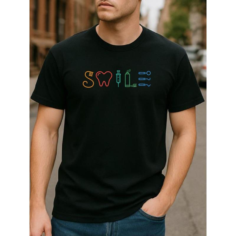 

European Size Dental Element SMILE Dentist-themed Soft and Breathable T-shirt, Suitable for Outdoor Activities, Weekend Leisure Wear 4XL