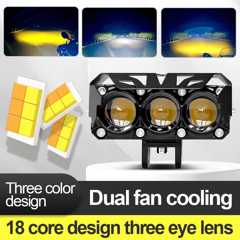 Motorcycle LED Spotlight Headlight Two-color Light Three-eye Lens Fisheye Light Super Bright Modification, Waterproof 12-80V