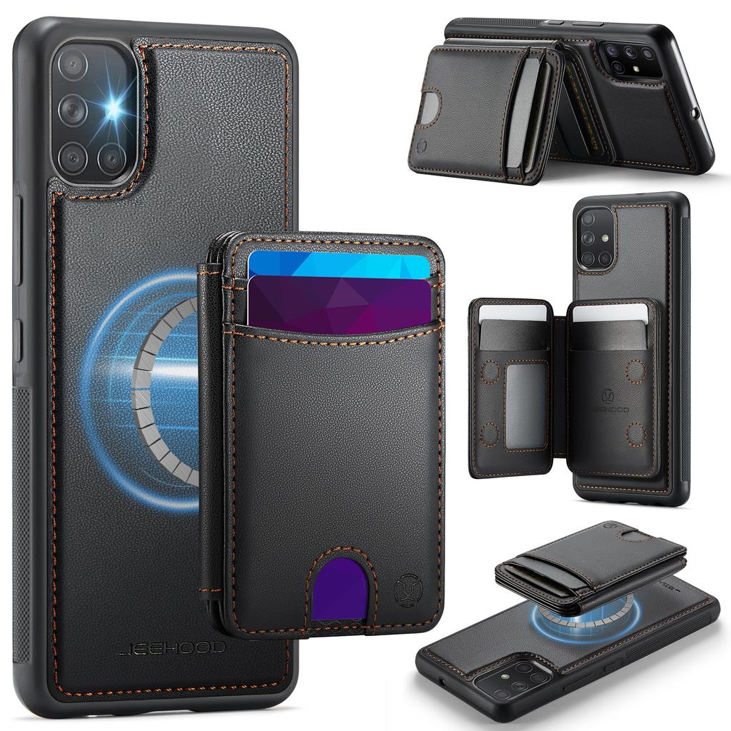 For Samsung Galaxy A51 4G SM-A515 Magnetic Case JEEHOOD J10 Leather Back Phone Cover with Detachable Card Holder Kickstand