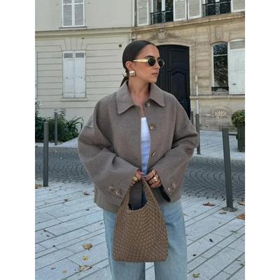 Modische einfarbige Revers-Einreiher-Übergangsjacke für Damen, eleganter gesteppter Langarmmantel, Herbst-Damen-Pendler-Oberbekleidung