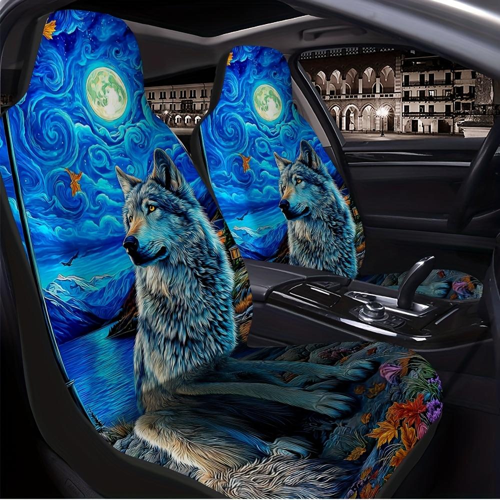 2pcs Wolf Moonlit Night Landscape Print Car Seat Covers - Durable & Soft, Easy To Clean, Foldable, Universal Fit For Cars, SUVs,