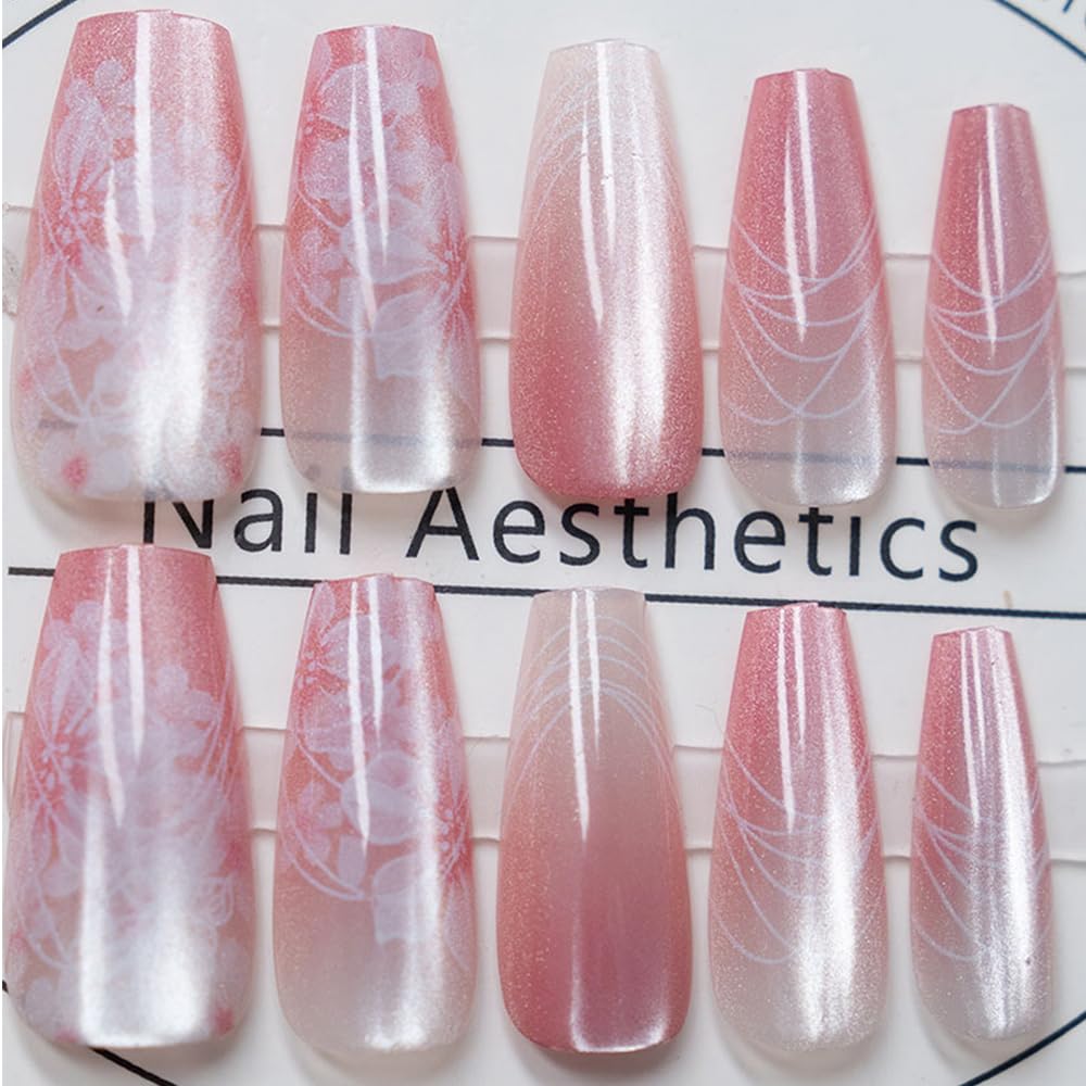 Secret Lives Cats Eye Reusable Artificial Long Translucent Pink Color with Flower Design Fake Press on Nails 24 Pieces Set with Kit