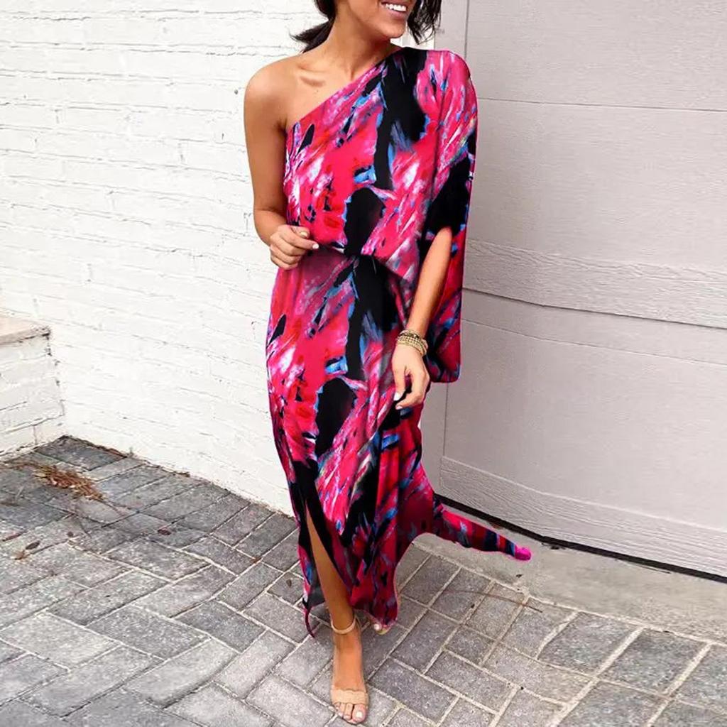 Women's Fashion Sexy One Shoulder Slit Hem Floral Short Sleeve Loose Casual Dress