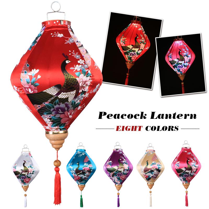 12/14Inch Chinese Traditional Style Silk Lantern Retro Peacock Pattern Hanging Lantern Vietnam Japan Spring Festival Party Decor