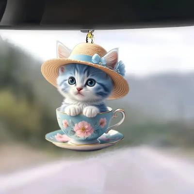 Decorative Cat Acrylic And Tea Cup Car Hanging Charm For Creative Auto Styling