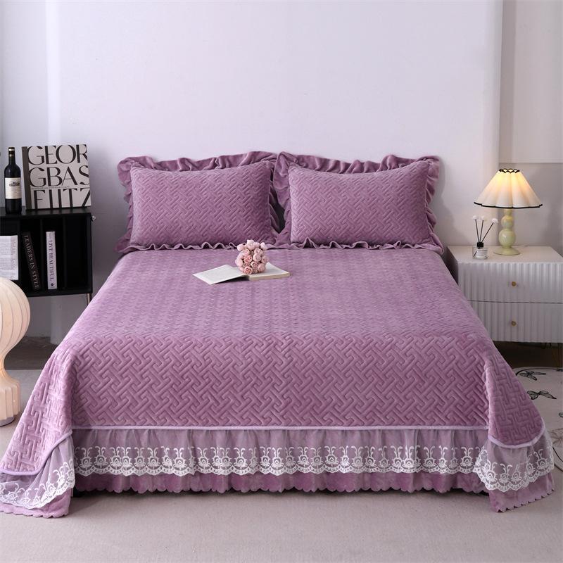 5.5Kg Solid Color Super Soft Thickened Milk Lace Bed Cover Four-Piece 1.8M Bed Cover