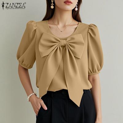 Женская повседневная блузка с круглым вырезом и коротким рукавом в стиле пэчворк с бантами