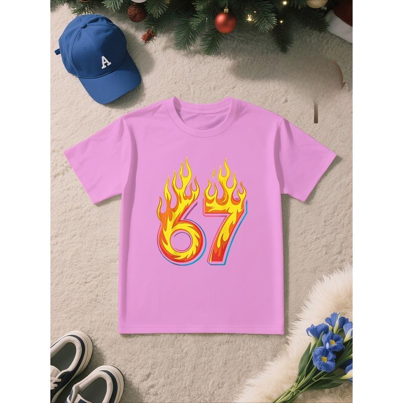 European Sizes Flame Six Seven" Letter/cartoon Print, Boys' Short-sleeved T-shirt, Cool and Breathable for Spring/summer Wear