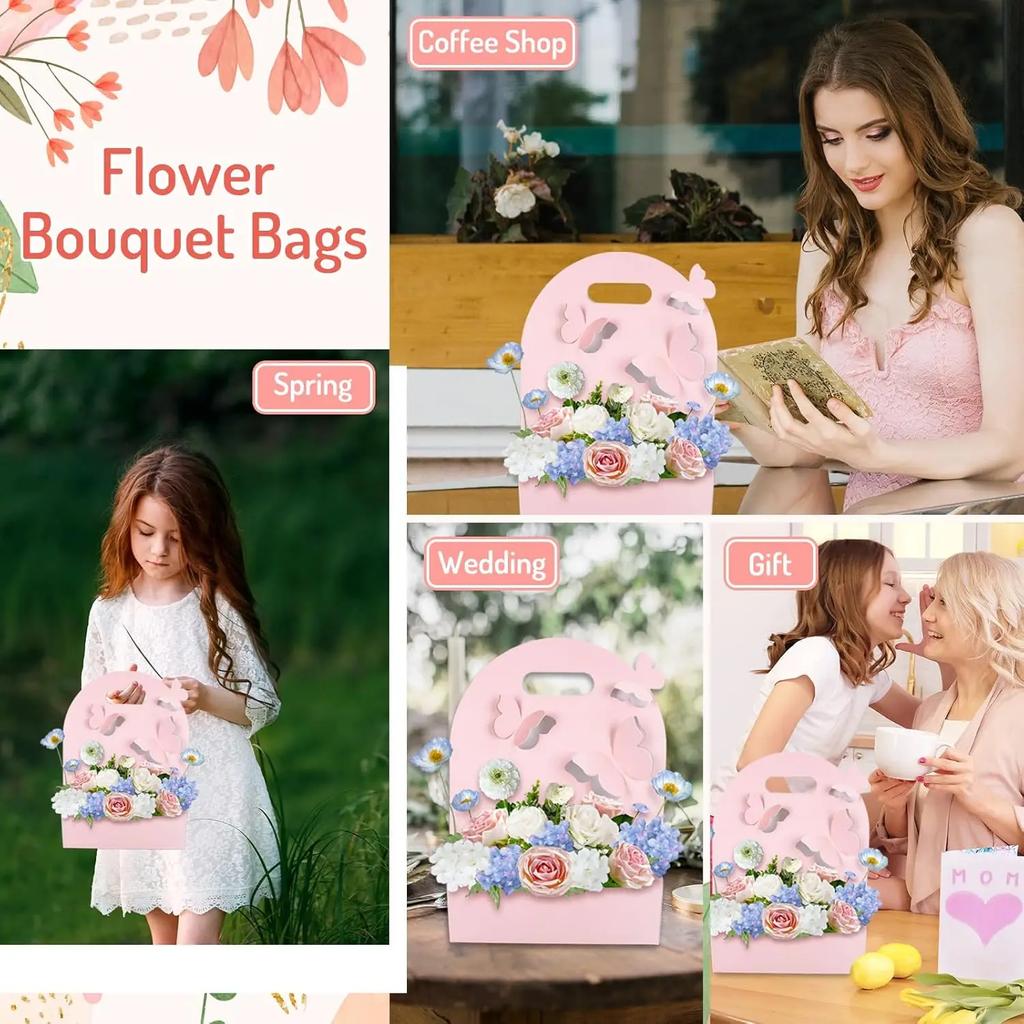 Portable Wedding Favour Boxes 3d Butterfly Carrier Bag Pink Floral Arrangement Gift Paper Package Flower Bouquet Bags