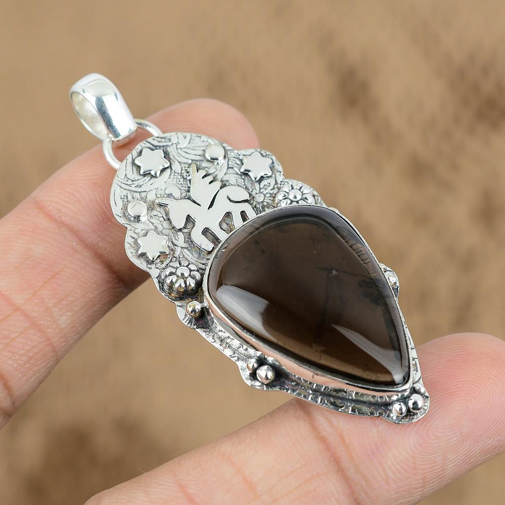 Natural Smokey Quartz Gemstone 925 Sterling Silver Pendant Unicorn For Women