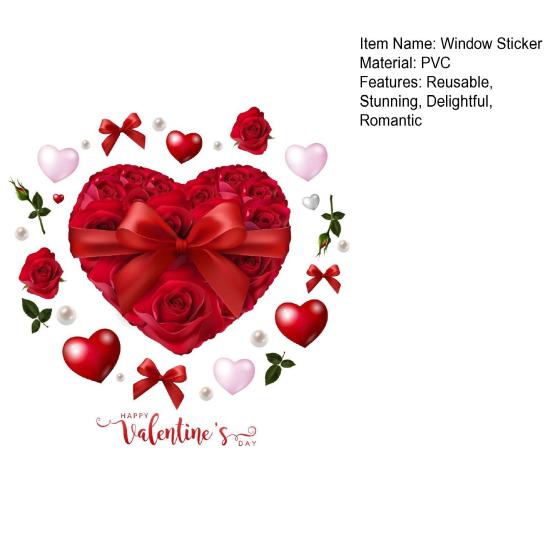 Heart-Shaped Rose Flower Window Sticker Valentine's Day Removable PVC Window Glass Decal Reusable Static Clings for Home Wedding Anniversary