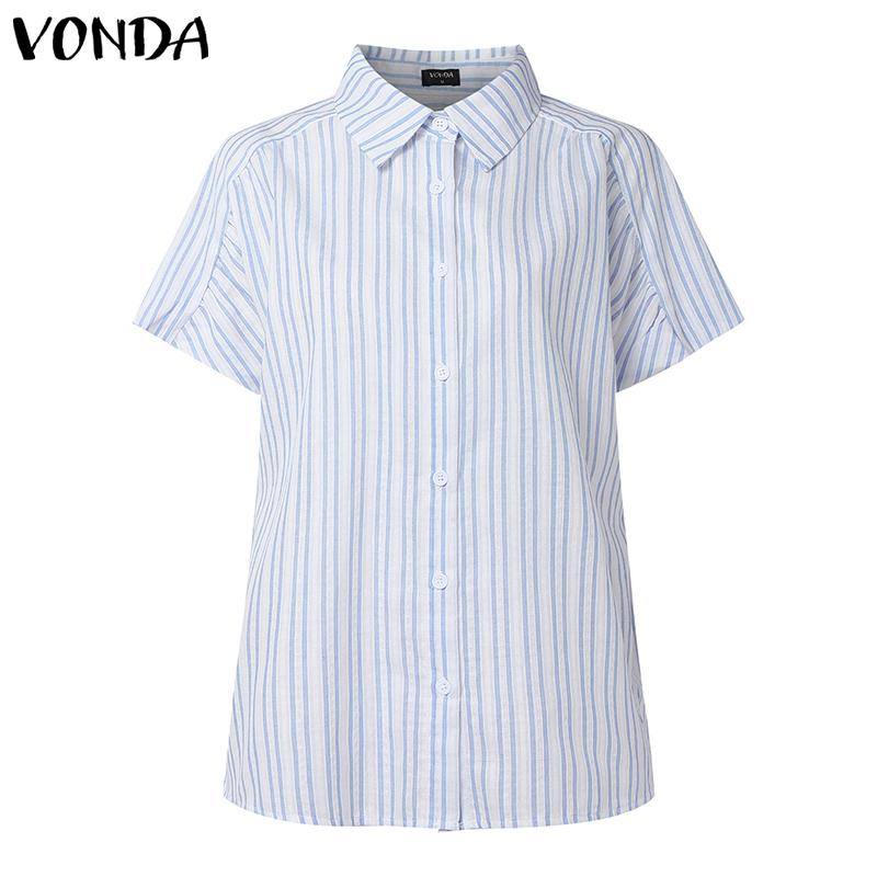 

VONDA Women Lapel Short Sleeve Striped Buttons Up Semi-Sheer Casual Blouse L