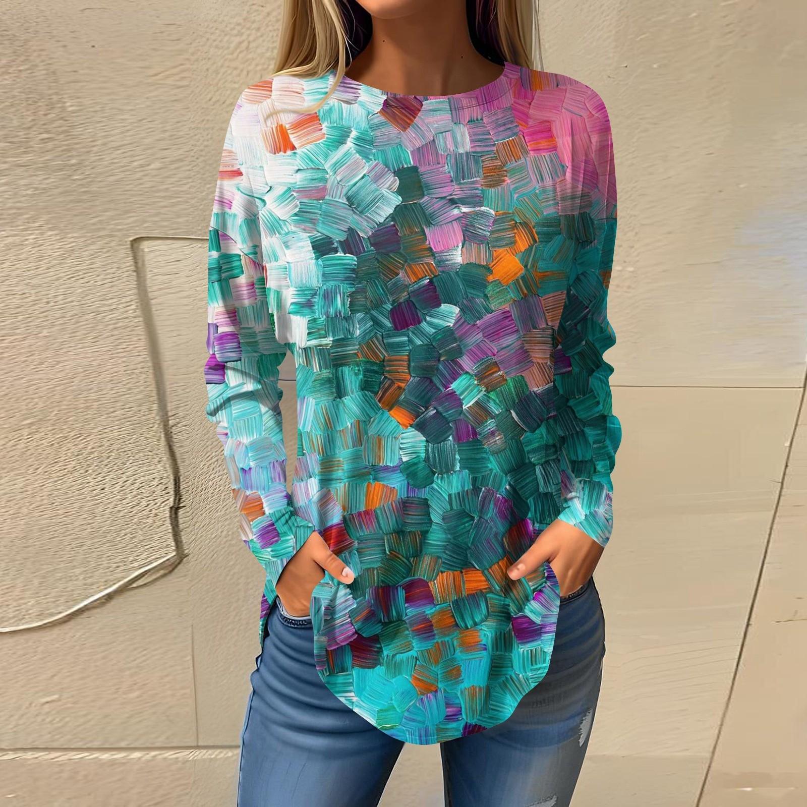 

Футболки для женщин, осенние повседневные рубашки с длинными рукавами, толстовка с ретро-принтом, топ, пуловер XXXL