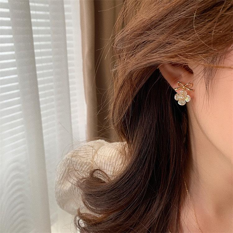Elegant French Colorful Flower Bow Stud Earrings for Women - Light Luxury, Chic, and Girlish Ear Accessories