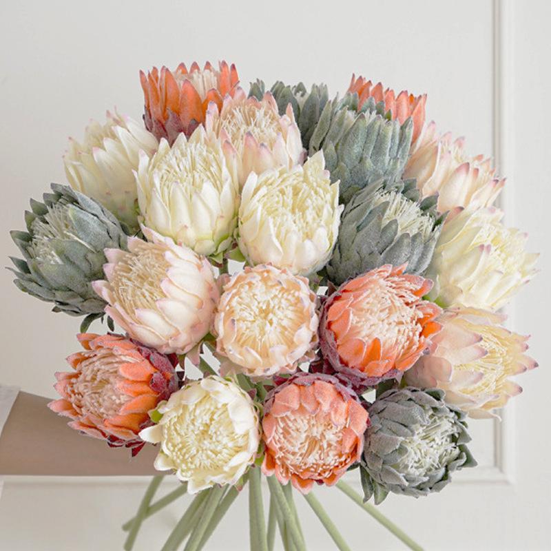 Nordic King Protea Single Stem Faux Flower Bouquet for Living Room or Wedding Decor