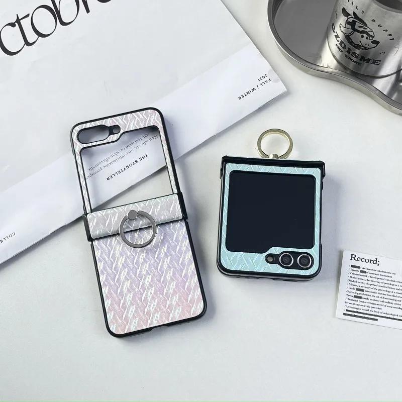 Ring Holder Weave Leather Plastic Phone Case for Samsung Galaxy Z Flip 6 5 4 3 Flip6 Flip4 Flip5 Hard Shell Shockproof Cover