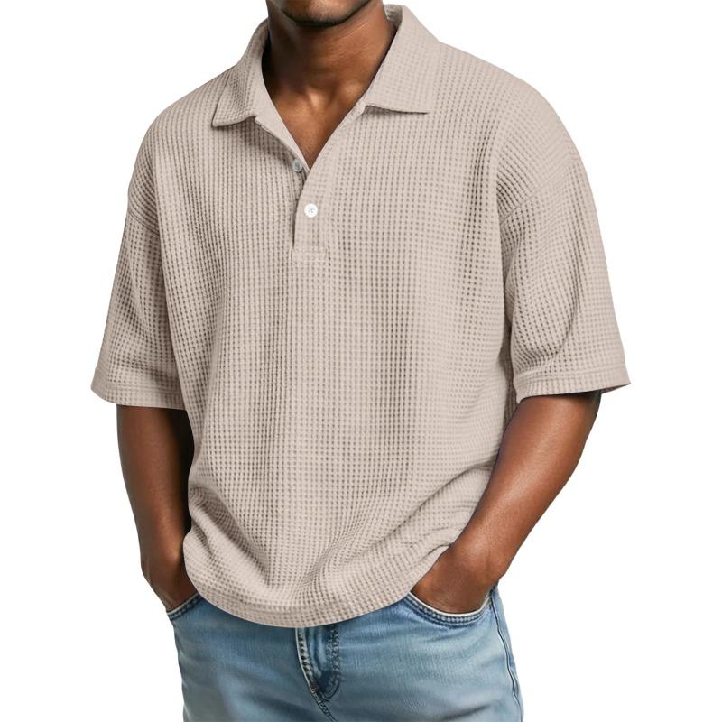Men Waffle Knit Solid Color Short Sleeve Casual Loose Fit Polo Shirt